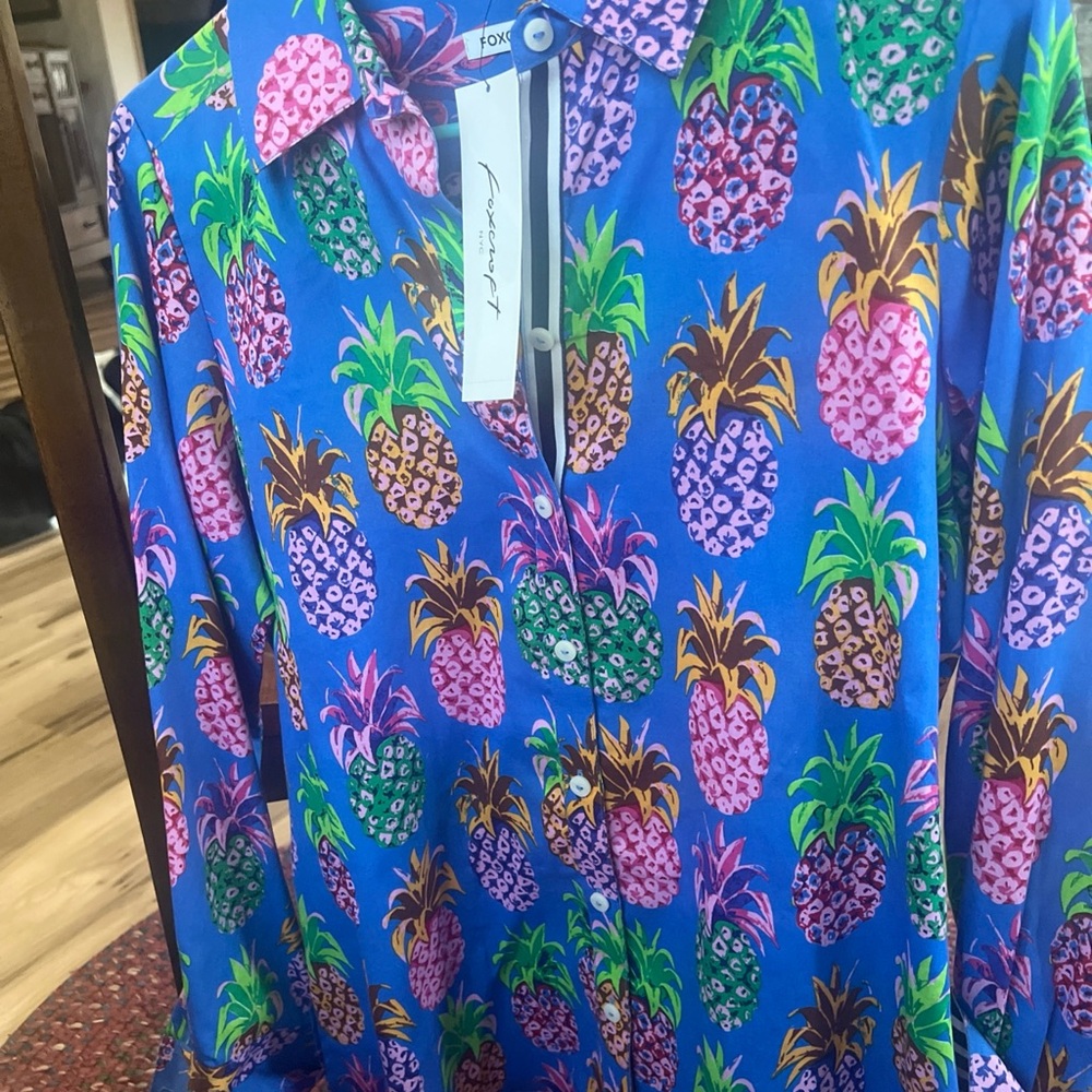 Foxcroft Pineapple Print Blue Shirt